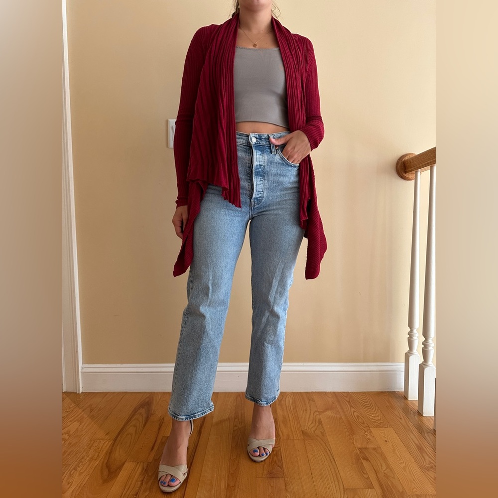 Red cotton and rayon cardigan, like new, no stains, rips, or holes